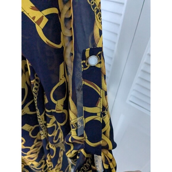 Feratelli Tunic Top Womens S Flowy Navy Status Print Sheer Moto Zip RollTab Glam - Picture 7 of 13
